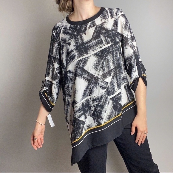 NWT black white light weight scarf top 3/4 sleeve blouse - Picture 1 of 10
